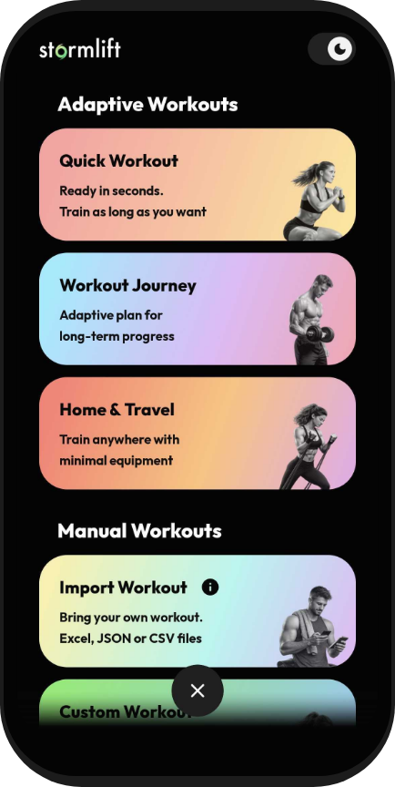 StormLift adaptive workouts screen