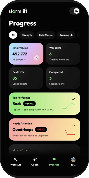 StormLift progress screen showing workout and body metrics